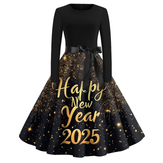 Women's 2025 New Year's Eve Dress Long Sleeve, Fireworks Print, Elegant A-Line Party Gown with Bow Belt