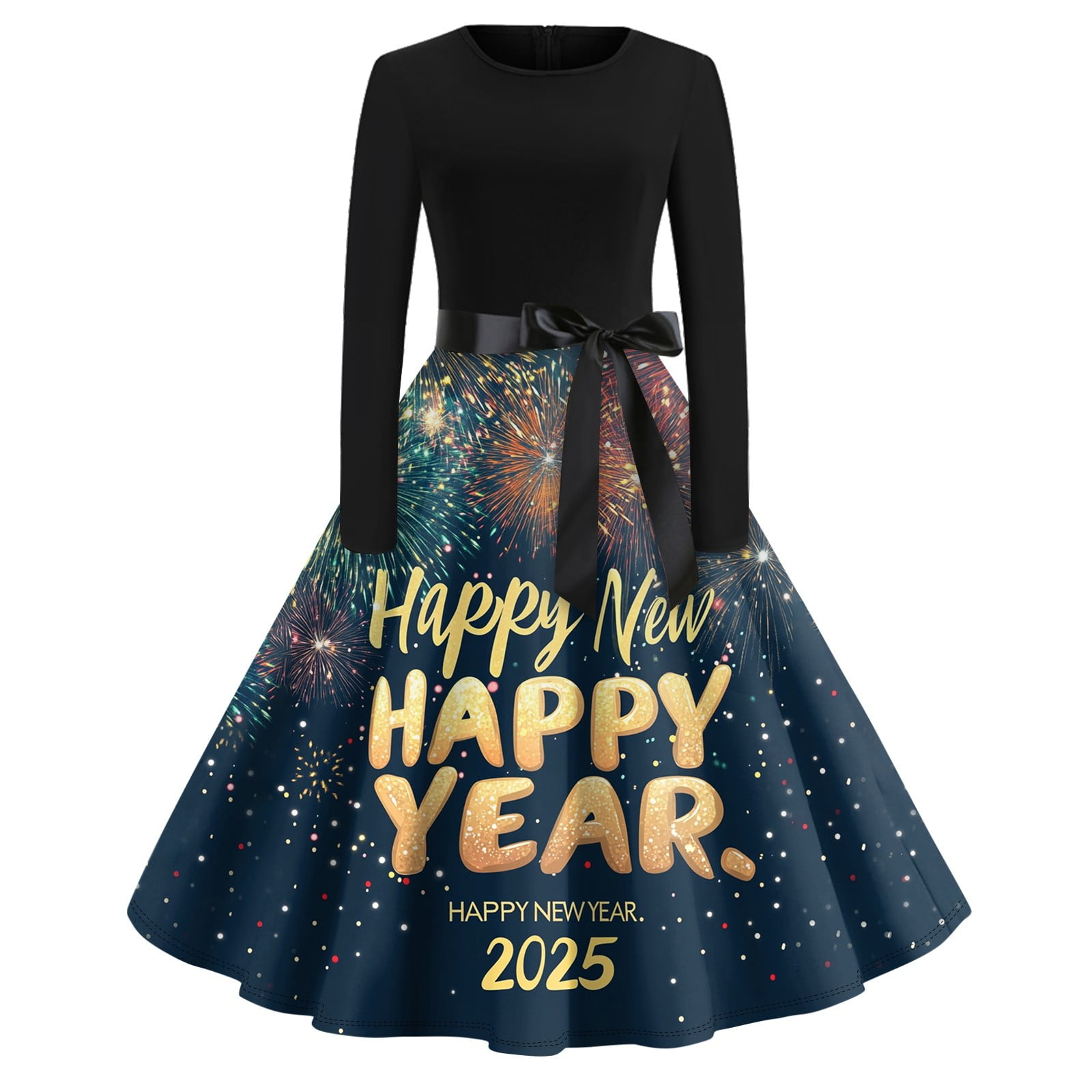 LPAIMEO Women's 2025 New Year's Eve Dress Long Sleeve, Fireworks Print, Elegant A-Line Party Gown with Bow Belt, Size: Small LPAIMEO Women's 2025 New Year's Eve Dress Long Sleeve, Fireworks Print, Elegant A-Line Party Gown with Bow Belt, Size: Small