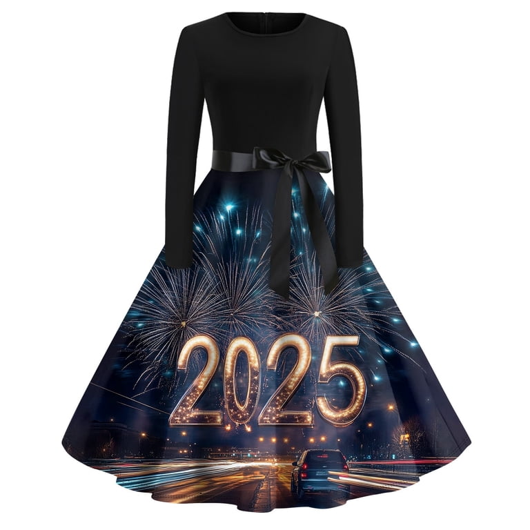 Women's 2025 New Year's Eve Dress Long Sleeve, Fireworks Print, Elegant A- Line Party Gown with Bow Belt - Walmart.com