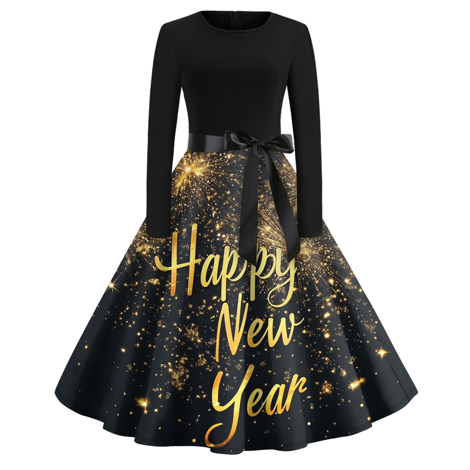 Women's 2025 New Year's Eve Dress Long Sleeve, Fireworks Print, Elegant  A-Line Party Gown with Bow Belt - Walmart.com