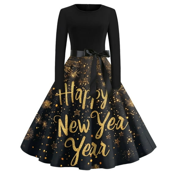 Women's 2025 New Year's Eve Dress Long Sleeve, Fireworks Print, Elegant A-Line Party Gown with Bow Belt