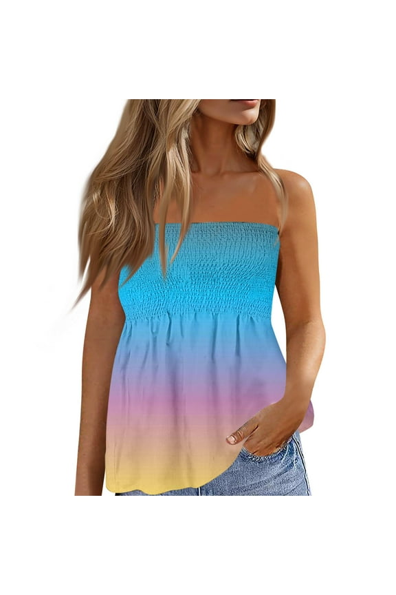 Women's 2025 Ombre Gradient Tube Top | Sleeveless Bandeau with Built-In Bra for Beach, Parties & Daily Wear Blue S