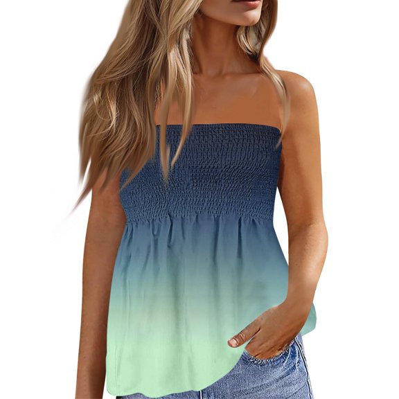 Women's 2025 Ombre Gradient Tube Top | Sleeveless Bandeau with Built-In Bra for Beach, Parties & Daily Wear Blue Xl