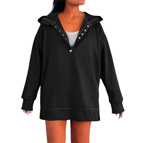 Women's 2025 Oversized Button Down V Neck Drop Shoulder Fuzzy Fleece Hoodie, Long Sleeve Casual Pullover Sweatshirt for Fall Winter Daily Wear, Work, School and Vacation Black XXL