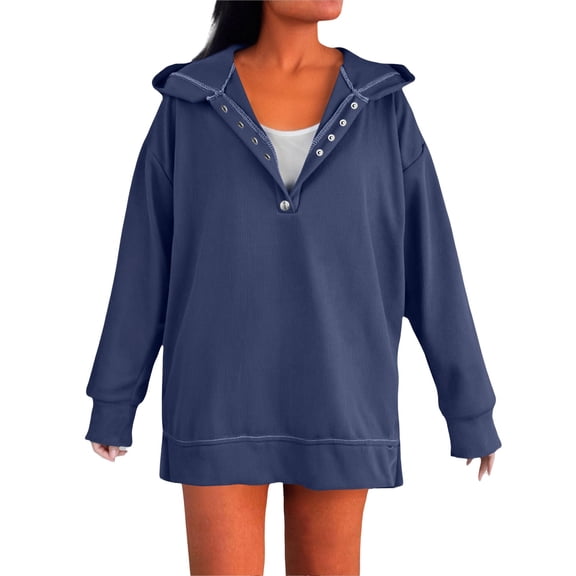 Women's 2025 Oversized Button Down V Neck Drop Shoulder Fuzzy Fleece Hoodie, Long Sleeve Casual Pullover Sweatshirt for Fall Winter Daily Wear, Work, School and Vacation Navy S
