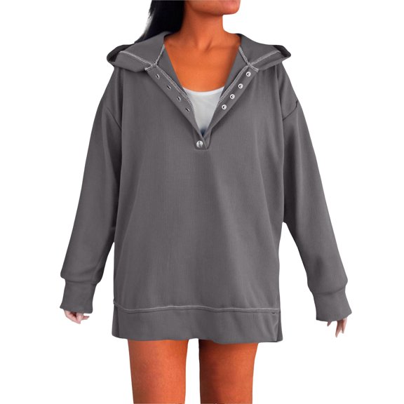 Women's 2025 Oversized Button Down V Neck Drop Shoulder Fuzzy Fleece Hoodie, Long Sleeve Casual Pullover Sweatshirt for Fall Winter Daily Wear, Work, School and Vacation Grey L