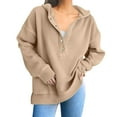 thumbnail image 1 of Women's 2025 Oversized Button Down V Neck Hoodie, Fuzzy Fleece Long Sleeve Drop Shoulder Sweatshirt, Casual Comfort Pullover for Daily Wear, Work, School and Vacation Outfits Khaki L, 1 of 3
