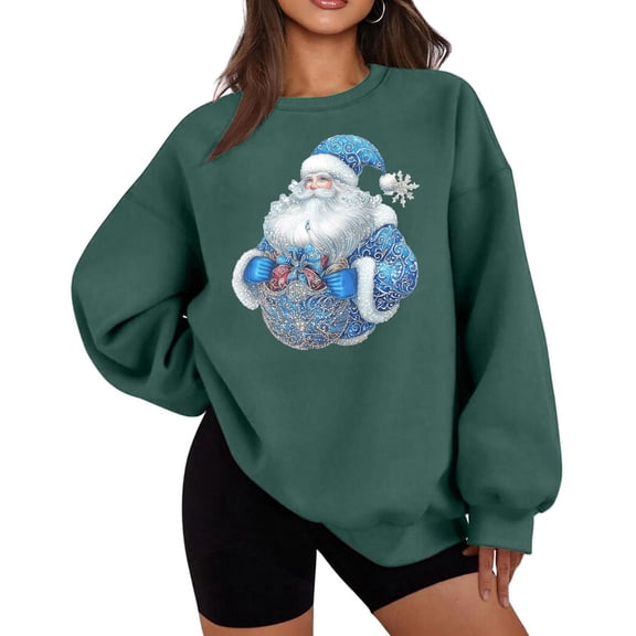 Women's 2025 Pastel Christmas Sweatshirt - Round Neck Thin Fleece Hoodless Top, Soft Pink/Blue Santa Print, Loose Long Sleeve, Sweet Festive Outfit for Coffee Dates & Gift Exchanges