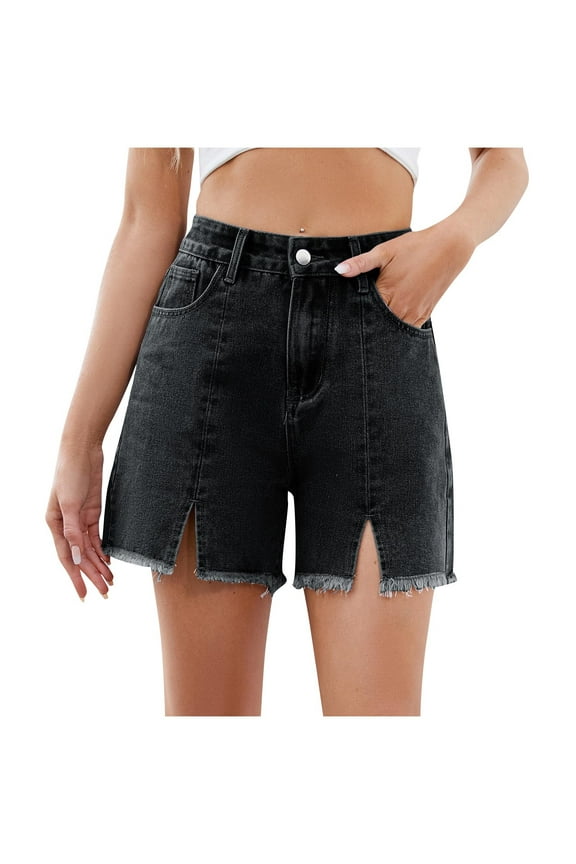 Women's 2025 Patchwork Jean Shorts - High Waist Raw Hem & Slit, Vintage Straight Leg Summer Denim Shorts