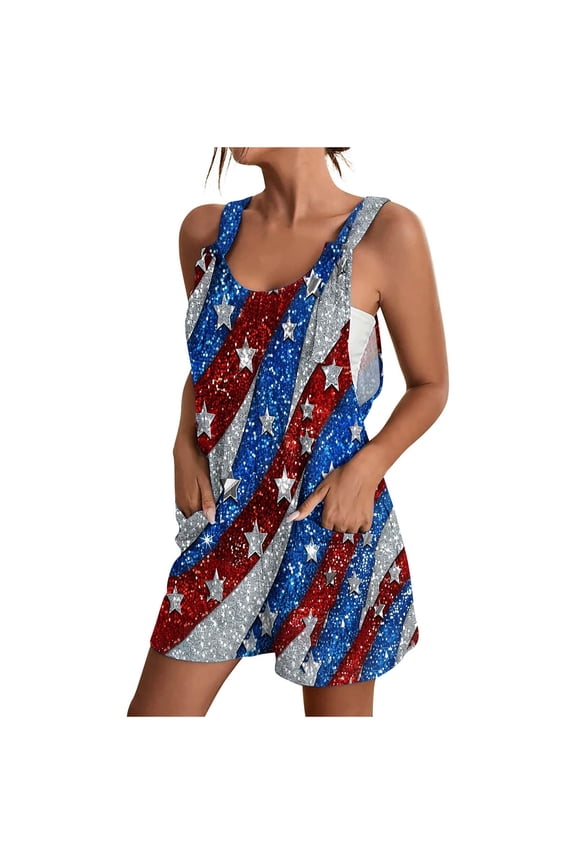 Women's 2025 Patriotic Romper - Cotton-Linen Adjustable Strap Jumpsuit, Loose Fit American Flag Short Overalls for 4th of July (Casual & Festive)