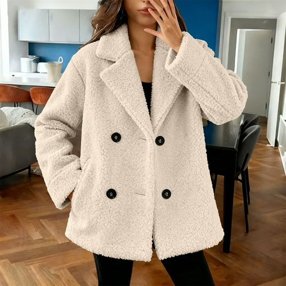 Women's 2025 Plush Fleece Jacket, Cozy Shearling-Like Winter Coat with Soft Lining, Thick Warm Oversized Outerwear with Pockets, Casual Loose Fit Fall and Winter Jacket for Women Beige L