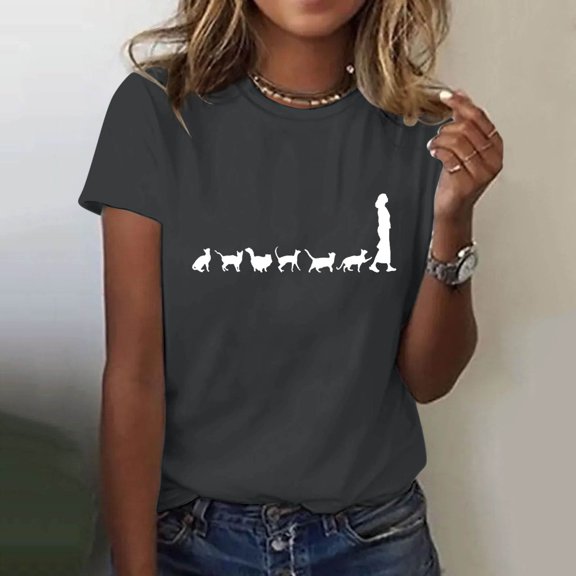 Women's 2025 Popular Round Neck Short Sleeved 2D Printed Casual Loose and Versatile Short Sleeved T Shirt