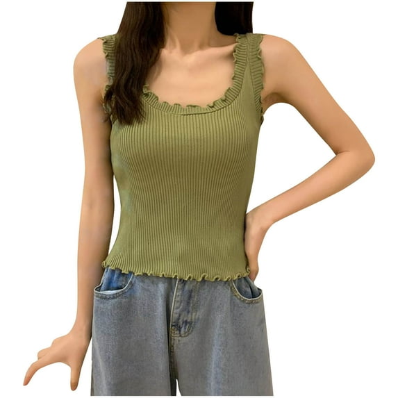 Women's 2025 Ribbed Knit Crop Top Scoop Neck Ruffle Trim Sleeveless Casual Lettuce Edge Slim Fit Tank Vest Summer Basic