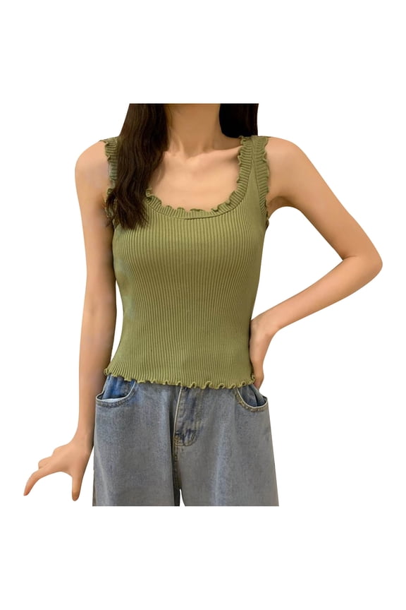 Women's 2025 Ribbed Knit Crop Top Scoop Neck Ruffle Trim Sleeveless Casual Lettuce Edge Slim Fit Tank Vest Summer Basic
