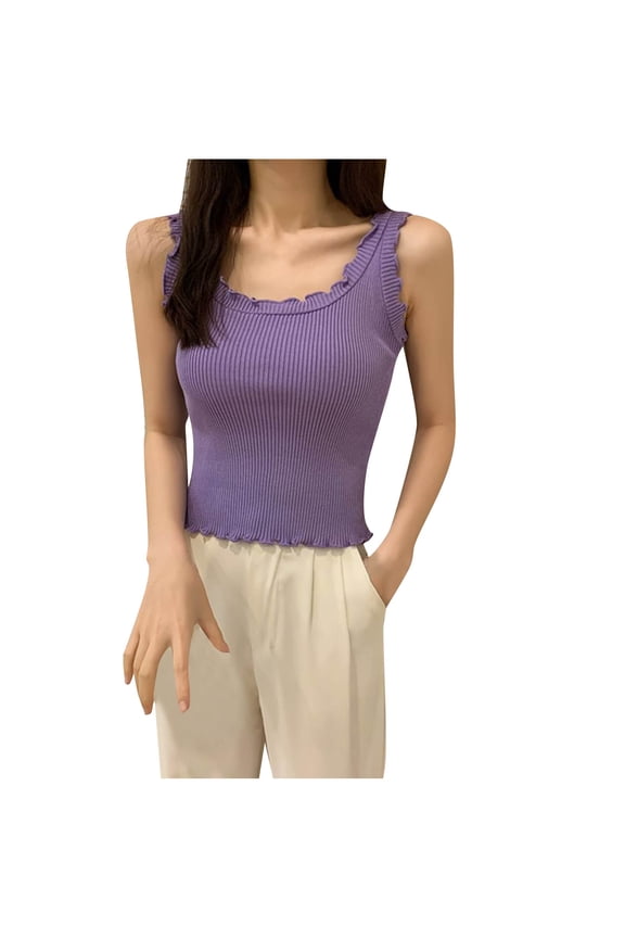 Women's 2025 Ribbed Knit Crop Top Scoop Neck Ruffle Trim Sleeveless Casual Lettuce Edge Slim Fit Tank Vest Summer Basic