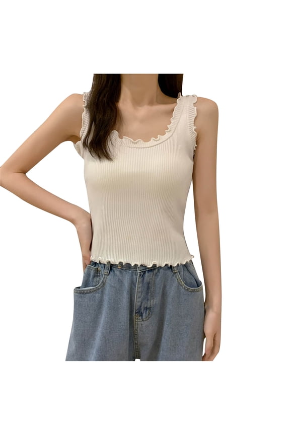 Women's 2025 Ribbed Knit Crop Top Scoop Neck Ruffle Trim Sleeveless Casual Lettuce Edge Slim Fit Tank Vest Summer Basic