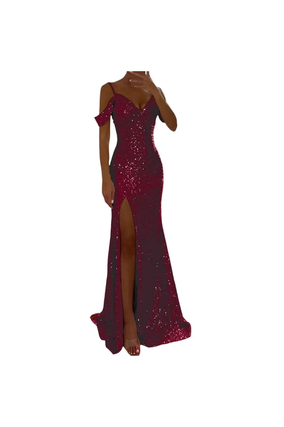 Women's 2025 Sequin Prom Dress - Sling Wrap Midi Dress, Sparkling Ruched Front, Polyester for Party/Evening