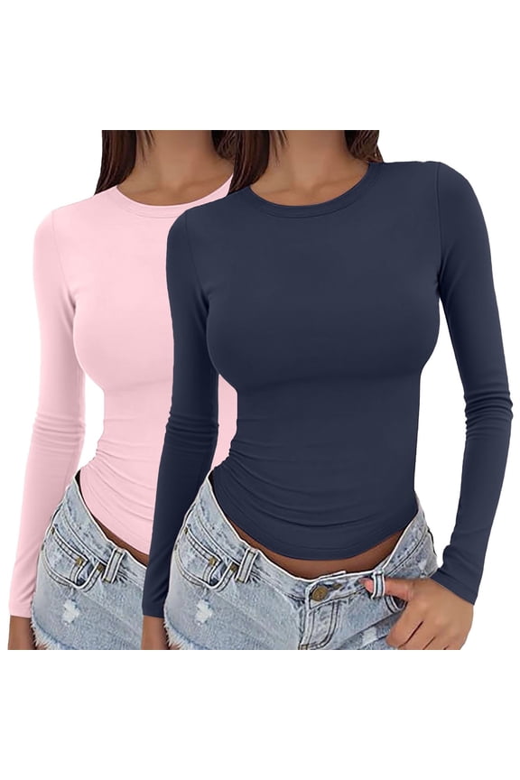 Women's 2025 Slim Fit Pullover Top, 2-Pack Bodycon Base Layer Shirts, Long Sleeve Round Neck Essentials, Casual Body Hugging Tee, Versatile Layering Set C XL