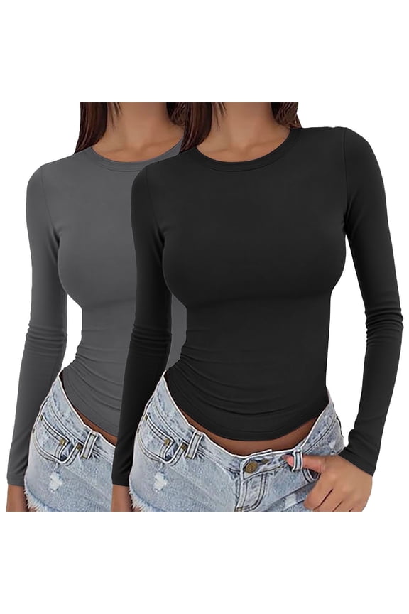 Women's 2025 Slim Fit Pullover Top, 2-Pack Bodycon Base Layer Shirts, Long Sleeve Round Neck Essentials, Casual Body Hugging Tee, Versatile Layering Set L XS