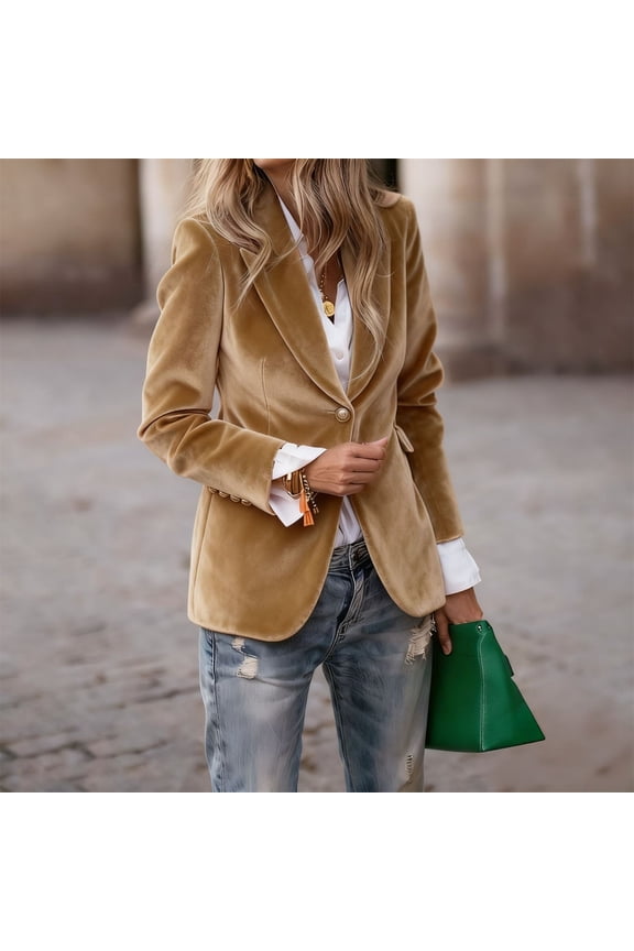 Women's 2025 Solid Color Blazer, Tailored Fit Notch Lapel Office Jacket, Elegant Business Casual Coat for Women, Fall Winter Work Wear Blazer, Professional Long Sleeve Formal Outerwear Khaki M