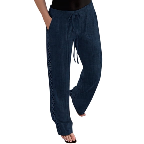 Women's 2025 Solid Color Elastic Waist Pants Loose Fit, Side Lace Hollow Decoration, Nine Point Length, High Waist, Sizes S-XL, for Spring & Summer