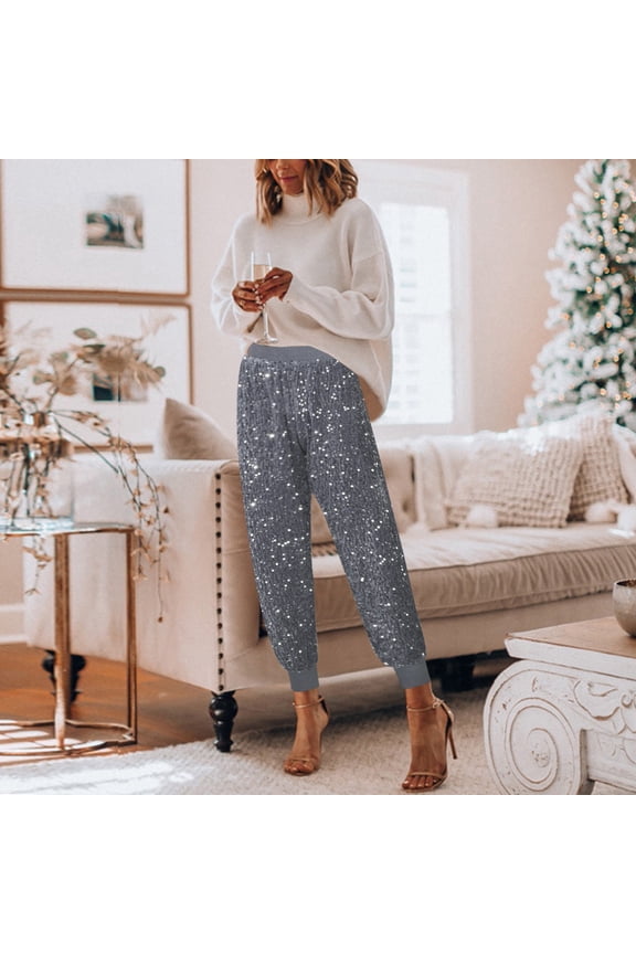 Women's 2025 Solid Color Fashion Sequins Temperament Elastic Waist Girdle Trousers Business Casual Womens Pants Womens Casual Dress Pants Leg Petite Beach Pants Womens Casual Drawstring Pants Dress