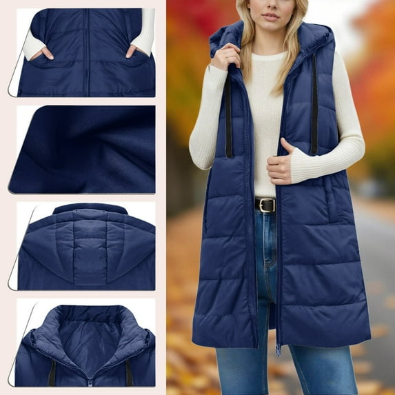 Women's 2025 Solid Color Hooded Puffer Vest, Mid-Length Quilted Sleeveless Jacket with Zip Front, Plus Size Warm Winter Outerwear, Long Cotton Vest for Women with Attached Hood Dark Blue L