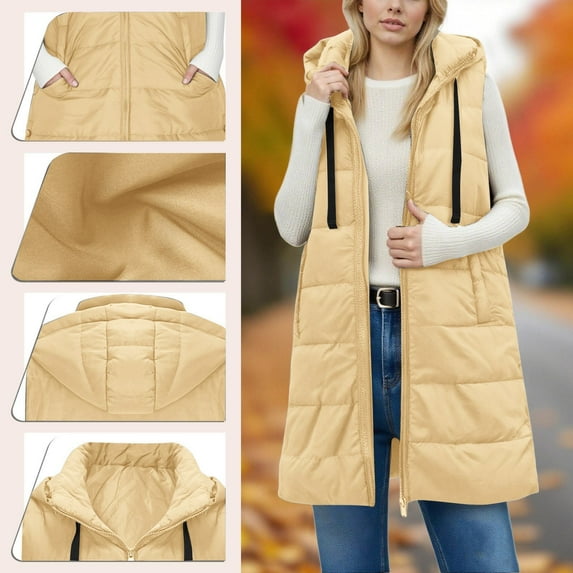 Women's 2025 Solid Color Hooded Puffer Vest, Mid-Length Quilted Sleeveless Jacket with Zip Front, Plus Size Warm Winter Outerwear, Long Cotton Vest for Women with Attached Hood Yellow L