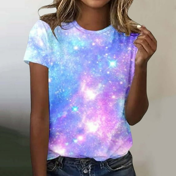 Women's 2025 Starry Galaxy Shirt 3D Galaxy Print T Shirt Glitter Shirt Fashion Starry Summer Shirt Round Neck Short Sleeve Top Carnival Outfit