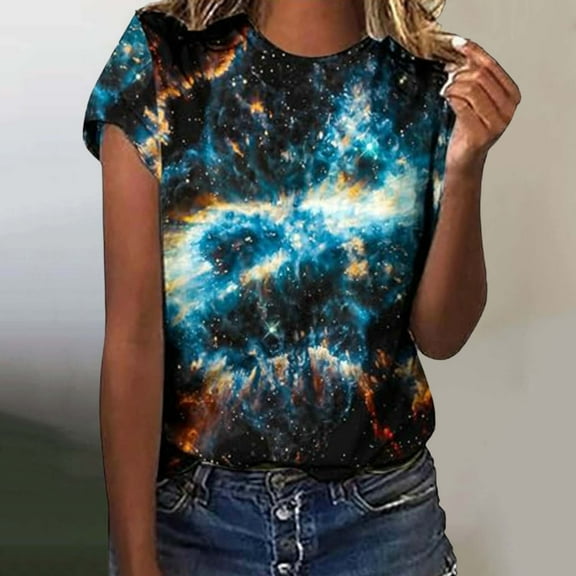 Women's 2025 Starry Galaxy Shirt 3D Galaxy Print T Shirt Glitter Shirt Fashion Starry Summer Shirt Round Neck Short Sleeve Top Carnival Outfit