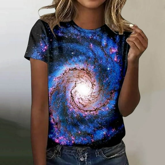 Women's 2025 Starry Galaxy Shirt 3D Galaxy Print T Shirt Glitter Shirt Fashion Starry Summer Shirt Round Neck Short Sleeve Top Carnival Outfit