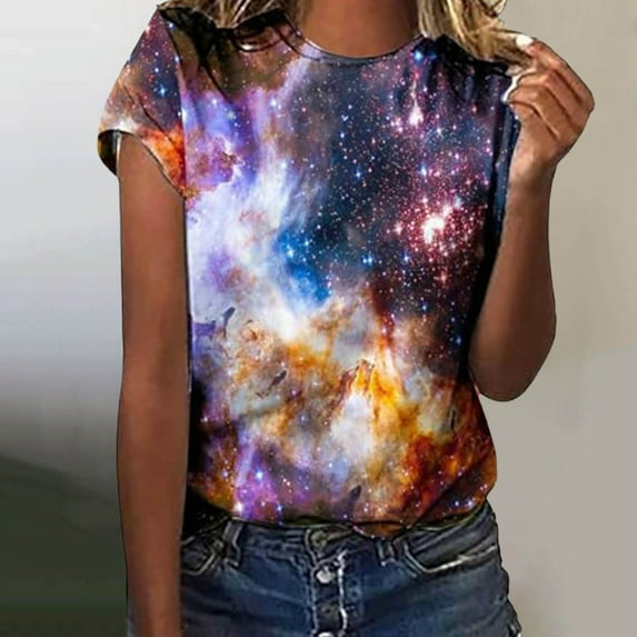 Women's 2025 Starry Galaxy Shirt 3D Galaxy Print T Shirt Glitter Shirt Fashion Starry Summer Shirt Round Neck Short Sleeve Top Carnival Outfit