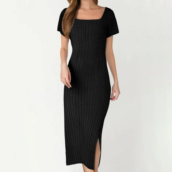 Women's 2025 Summer Bodycon Casual Short Sleeve Square Neck Midi Dress Knit Side Slit Long Ribbed Dresses Womens Dresses Floral Dresses for Women Sleeveless Womens Dress Slit Dress for Women Ladies