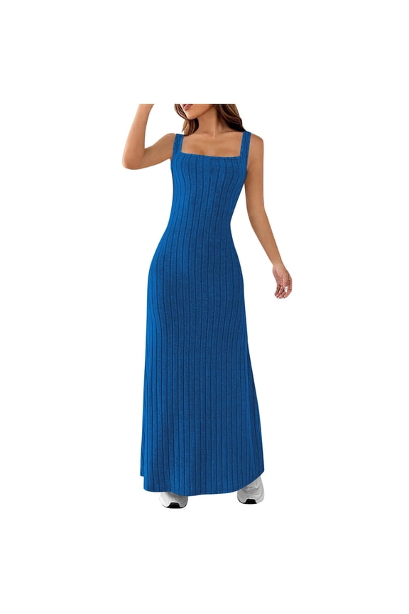 Women's 2025 Summer Bodycon Midi Dress Vacation Sleeveless Dresses Ribbed Knit Striped Party Sweater Dresses