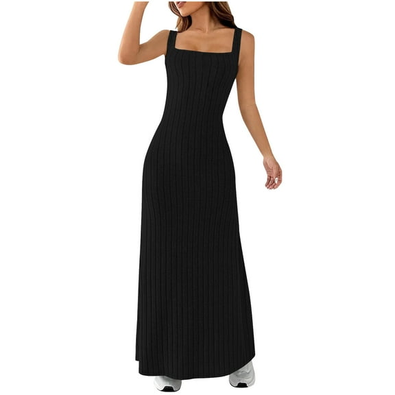 Women's 2025 Summer Bodycon Midi Dress Vacation Sleeveless Dresses Ribbed Knit Striped Party Sweater Dresses