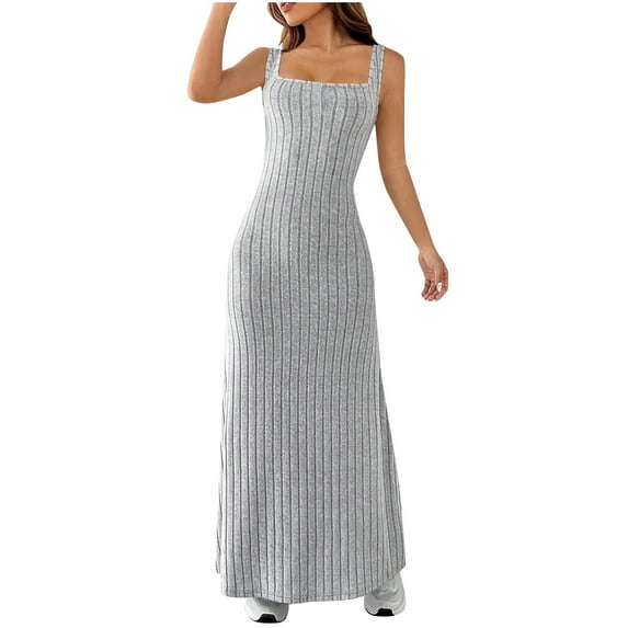 Women's 2025 Summer Bodycon Midi Dress Vacation Sleeveless Dresses Ribbed Knit Striped Party Sweater Dresses