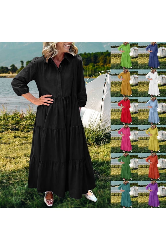Women's 2025 Summer Button Down Midi Dresses Long Sleeve Beach Flowy Dress For Women Hot Pink XXL