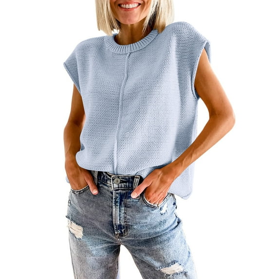 Women's 2025 Summer Cap Sleeve Tops Casual Crew Neck Loose Fit Knit Lightweight Sweater Pullover Top