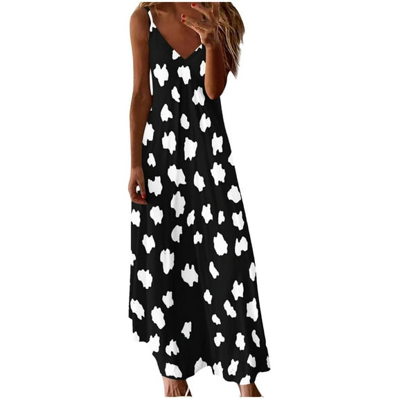 Women's 2025 Summer Casual Boho Sundress Spaghetti Strap V Neck Flowy Midi Dresses A-Black