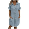 thumbnail image 1 of Women's 2025 Summer Casual Shirt Dress - Cotton Linen Short Sleeve Button Down Loose Beach Sundress with Pockets, Comfortable V Neck Midi Dress, 1 of 6