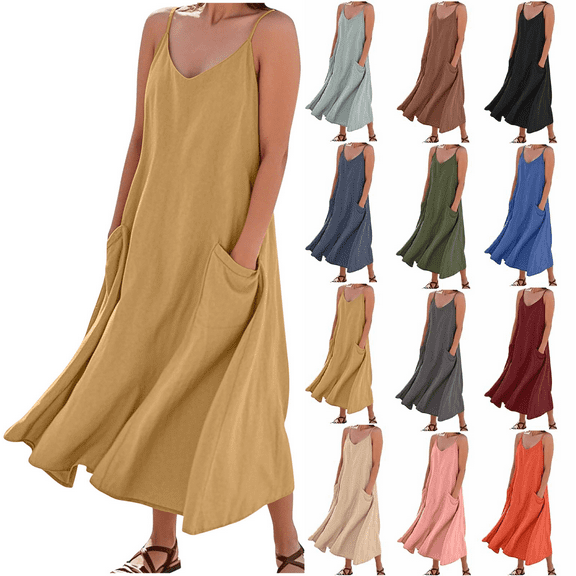 Women's 2025 Summer Casual Sundress Yellow-Adjustable Suspender with Adjustment Buckle Solid Color V Neck Sleeveless Dress with Pockets 2XL