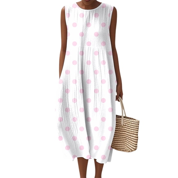 Women's 2025 Summer Fashion Casual Sleeveless Round Neck Polka Dot Printing Striped Elegant Temperament Dress