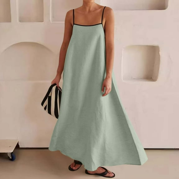 Women's 2025 Summer Flowy Contrast Spaghetti Strap Maxi Dress Casual Sleeveless Backless Beach