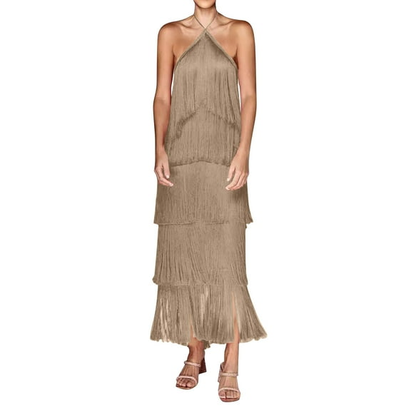 Women's 2025 Summer Maxi Dress Halter Neck Evening Dress Fashion Fringe Backless Slit Over The Knee Dresses