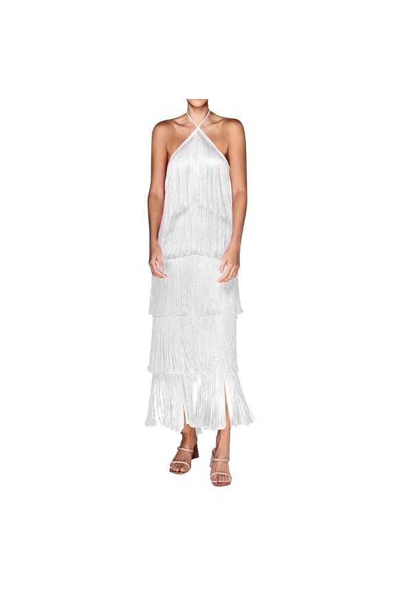 Women's 2025 Summer Maxi Dress Halter Neck Evening Dress Fashion Fringe Backless Slit Over The Knee Dresses