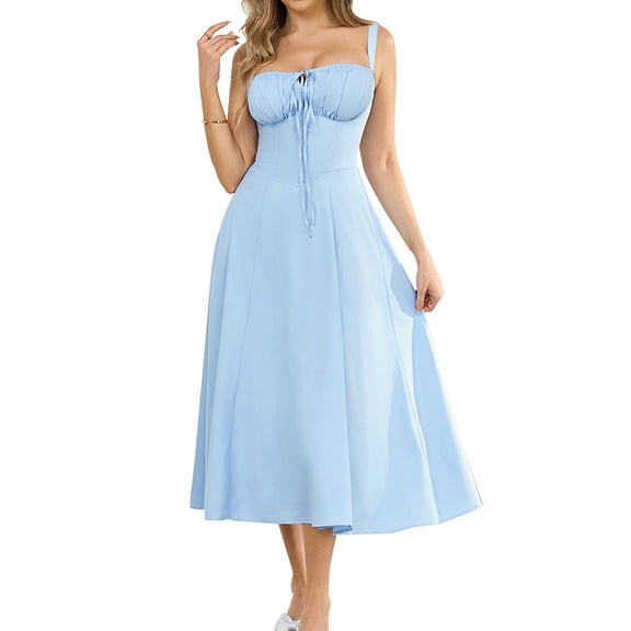 Women's 2025 Summer Midi Corset Dress Wedding Guest Dresses A Line Flowy Slit Going Out Sundress for Tea Party