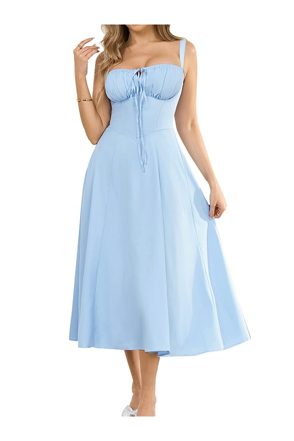 Women's 2025 Summer Midi Corset Dress Wedding Guest Dresses A Line Flowy Slit Going Out Sundress for Tea Party