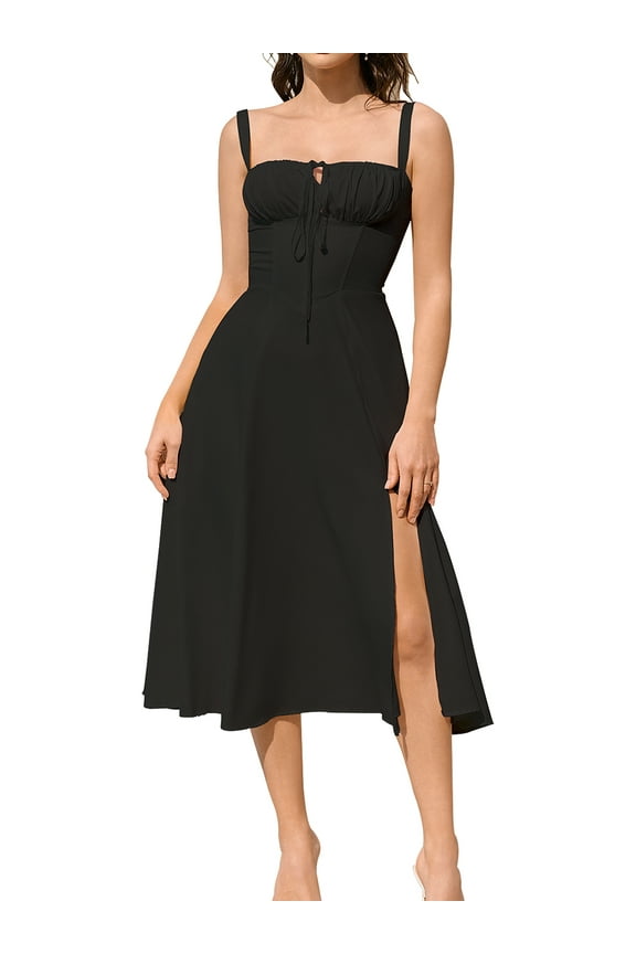 Women's 2025 Summer Midi Corset Dress Wedding Guest Dresses A Line Flowy Slit Going Out Sundress for Tea Party