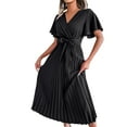 thumbnail image 1 of Women's 2025 Summer Midi Dress Ruffle Short Sleeve V Neck Wrap Pleated Swing A Line Cocktail Party Dresses, 1 of 6