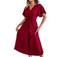 thumbnail image 1 of Women's 2025 Summer Midi Dress Ruffle Short Sleeve V Neck Wrap Pleated Swing A Line Cocktail Party Dresses, 1 of 6